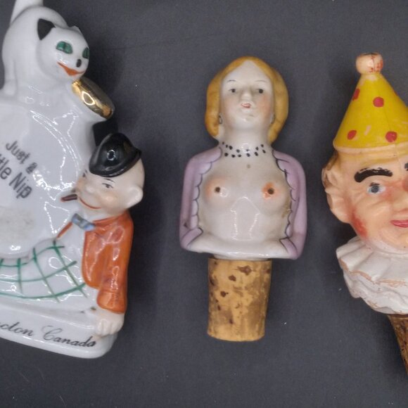Vintage Naked Lady Porcelain & Celluloid Clown Bottle Stoppers & Bottle - Picture 4 of 14